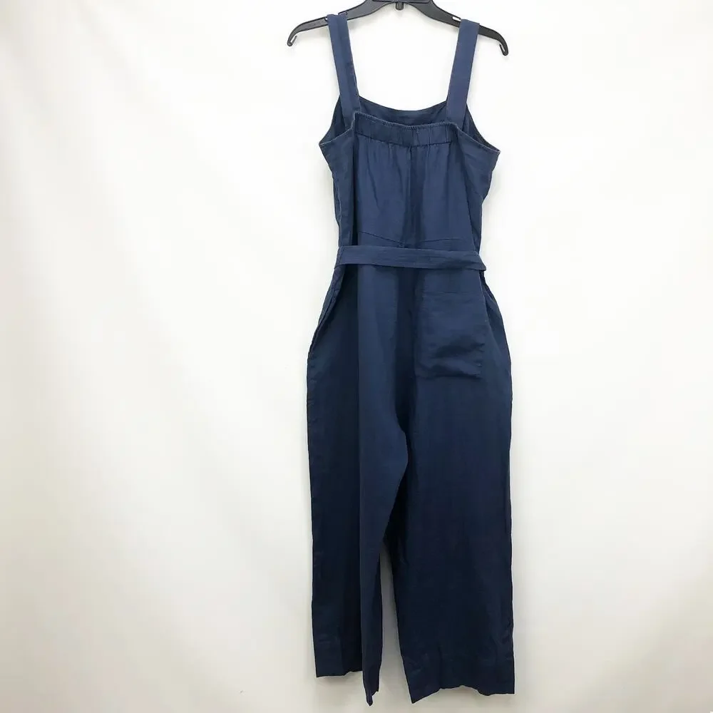Everlane Womens The Linen Square-Neck Jumpsuit Sz 10 Belted Blue Indigo NWT